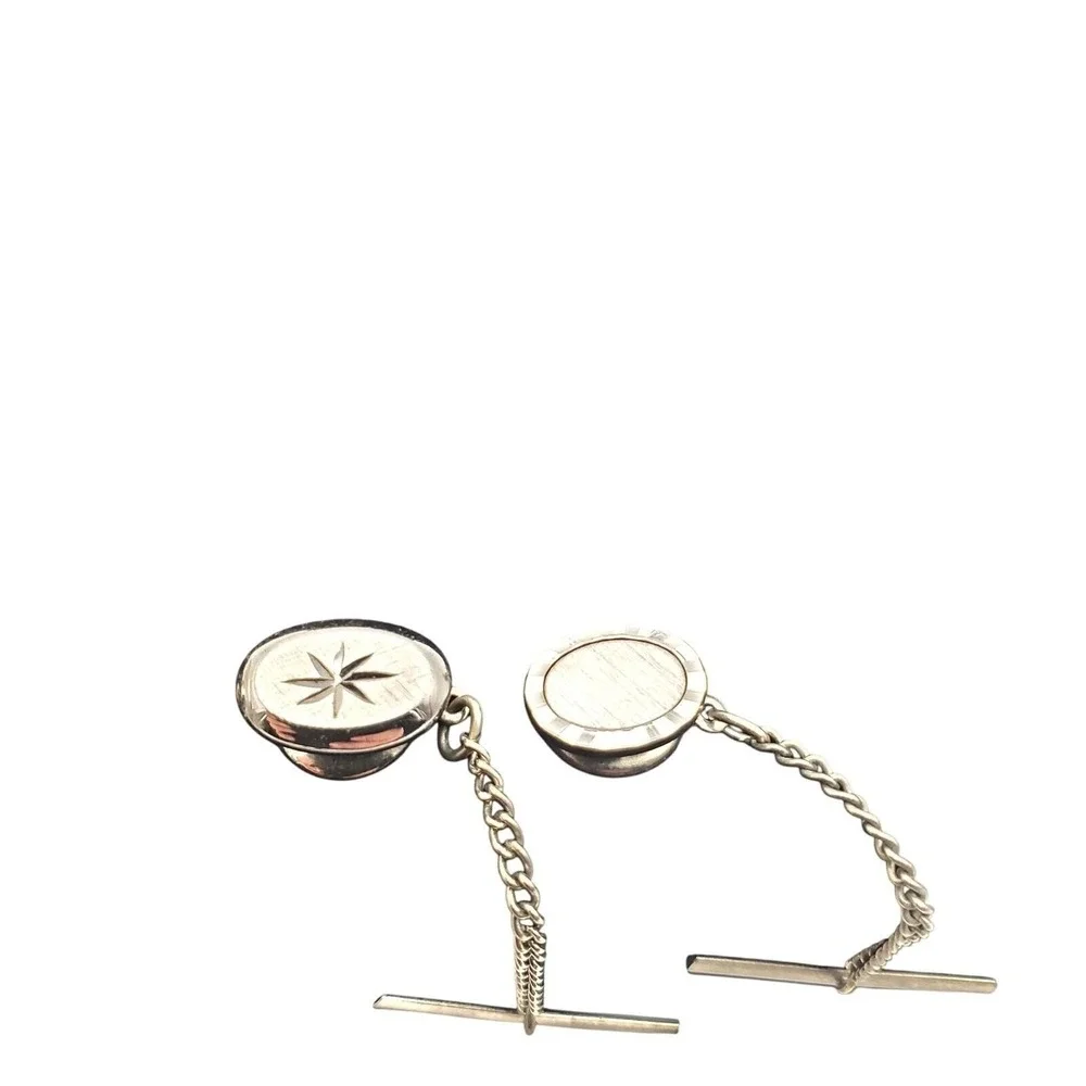 Swank Cufflinks & Tie Tacks Brushed Silver Tone Etched Domed Vintage Lapel Pins